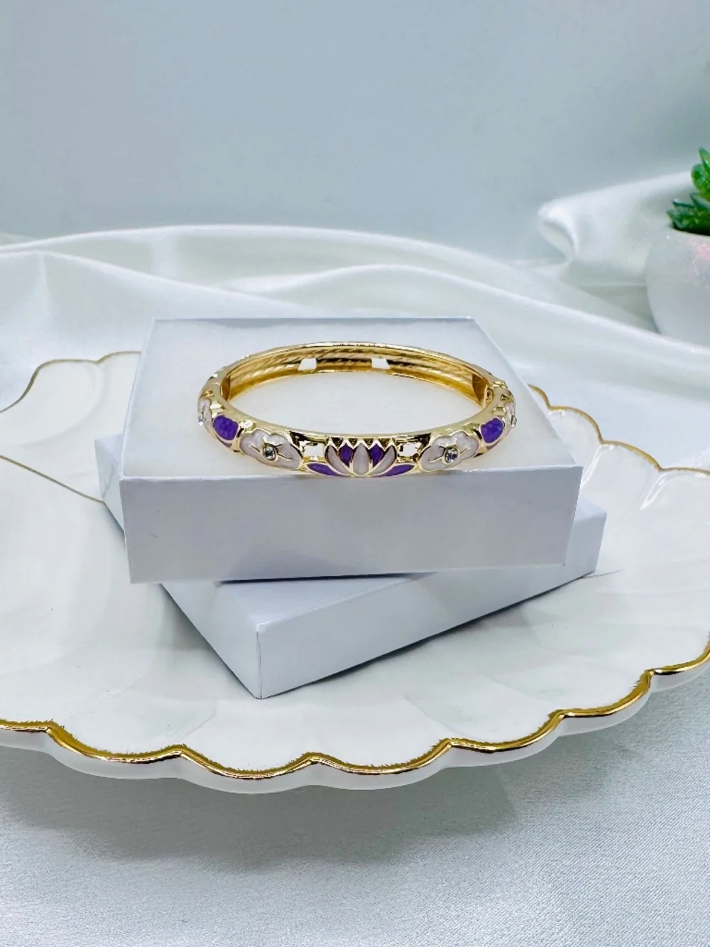 Gold Tone Purple Lotus Flower Enamel Hinged Bangle Bracelet Boho Floral